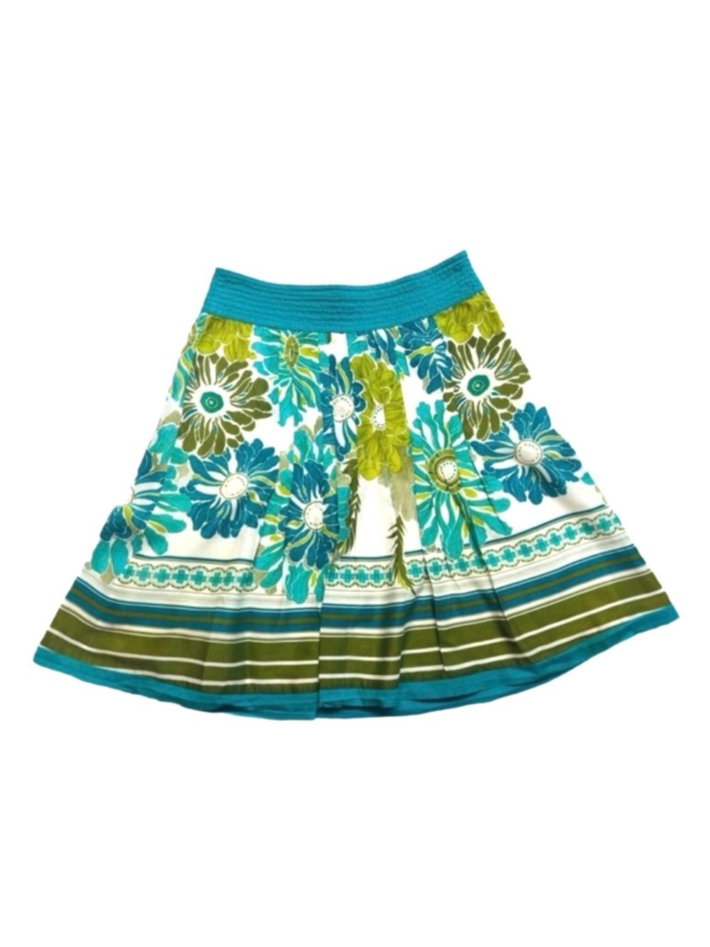 ANN TAYLOR PETITES ~ Teal Olive Off White Floral A-Line Side Zipper Skirt